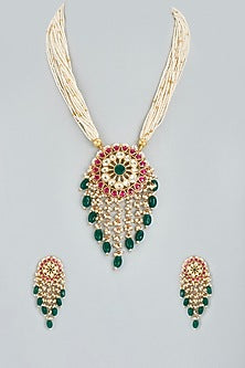 Gold Finish Multi-Colored Stone Long Necklace Set