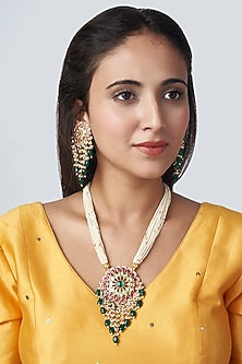 Gold Finish Multi-Colored Stone Long Necklace Set