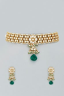 Gold Finish Green Stone & Kundan Polki Choker Necklace Set