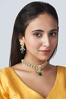 Gold Finish Green Stone & Kundan Polki Choker Necklace Set
