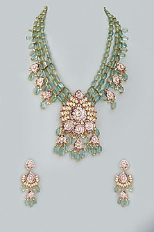 Gold Finish Multi-Colored Stone & Kundan Polki Long Necklace Set