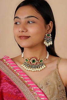 Gold Finish Multi-Colored Stones & Kundan Polki Choker Necklace Set