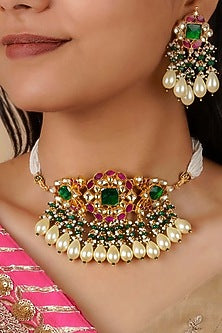 Gold Finish Multi-Colored Stones & Kundan Polki Choker Necklace Set