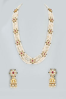 Gold Finish Long Necklace Set With Kundan Polki