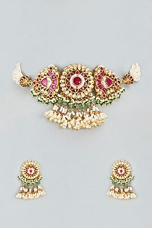 Gold Finish Kundan Polki & Multi-Colored Stones Choker Necklace Set