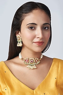 Gold Finish Kundan Polki & Multi-Colored Stones Choker Necklace Set