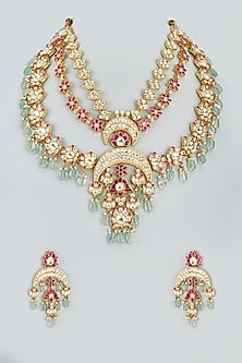 Gold Finish Multi-Colored Stones Long Necklace Set