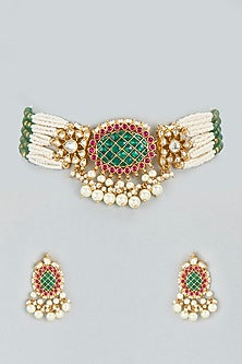 Gold Finish Choker Necklace Set With Multi-Colored Stones