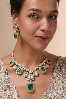 Gold Finish Green Faux Polki Necklace Set
