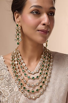 Gold Finish Kundan Polki Layered Necklace Set