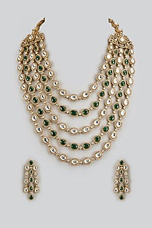 Gold Finish Kundan Polki Layered Necklace Set