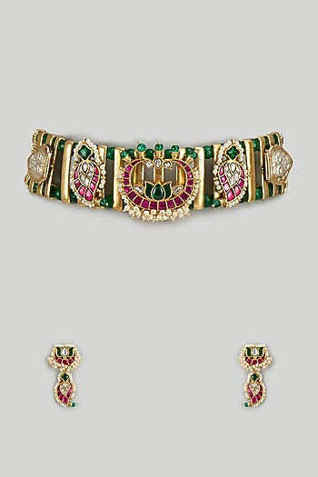 Gold Plated Semi-Precious Beaded & Pearl Choker Necklace Set