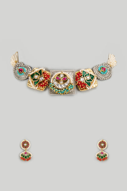 Gold Plated Semi-Precious Beaded & Pearl Choker Necklace Set