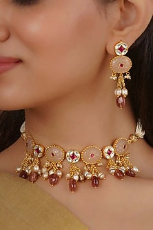 Gold Finish Jadau Kundan Polki Choker Necklace Set