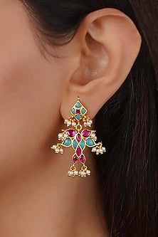 Gold Plated Uncut Polki & Beaded Jadau Dangler Earrings