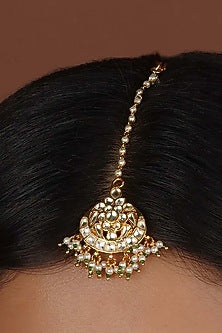 Gold Plated Uncut Polki & Beaded Jadau Maangtikka