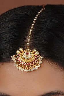 Gold Plated Uncut Polki & Beaded Jadau Maangtikka
