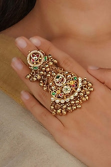 Gold Plated Uncut Polki & Beaded Jadau Ring