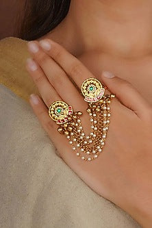 Gold Plated Uncut Polki & Beaded Jadau Ring