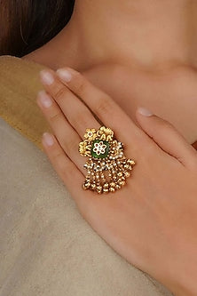 Gold Plated Uncut Polki & Beaded Jadau Ring