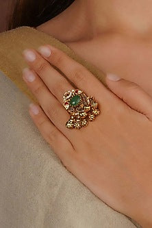 Gold Plated Uncut Polki & Beaded Jadau Ring