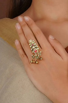 Gold Plated Uncut Polki & Beaded Jadau Ring
