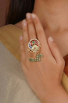 Gold Plated Uncut Polki & Beaded Jadau Ring