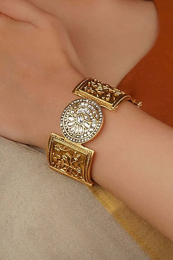 Gold Plated Uncut Polki & Beaded Jadau Bangle