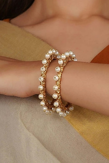 Gold Finish Jadau Kundan Polki Bangles (Set Of 2)