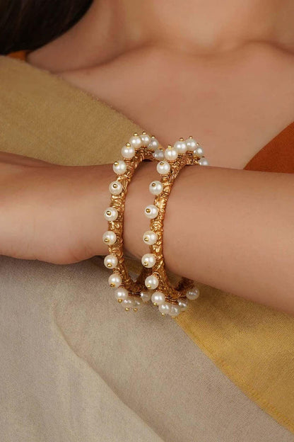 Gold Finish Jadau Kundan Polki Bangles (Set Of 2)
