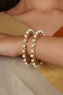 Gold Finish Jadau Kundan Polki Bangles (Set Of 2)