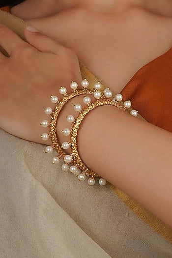Gold Finish Jadau Kundan Polki Bangles (Set Of 2)