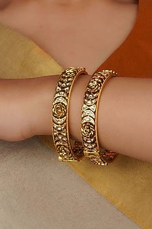 Gold Plated Uncut Polki & Beaded Jadau Bangle (Set Of 2)