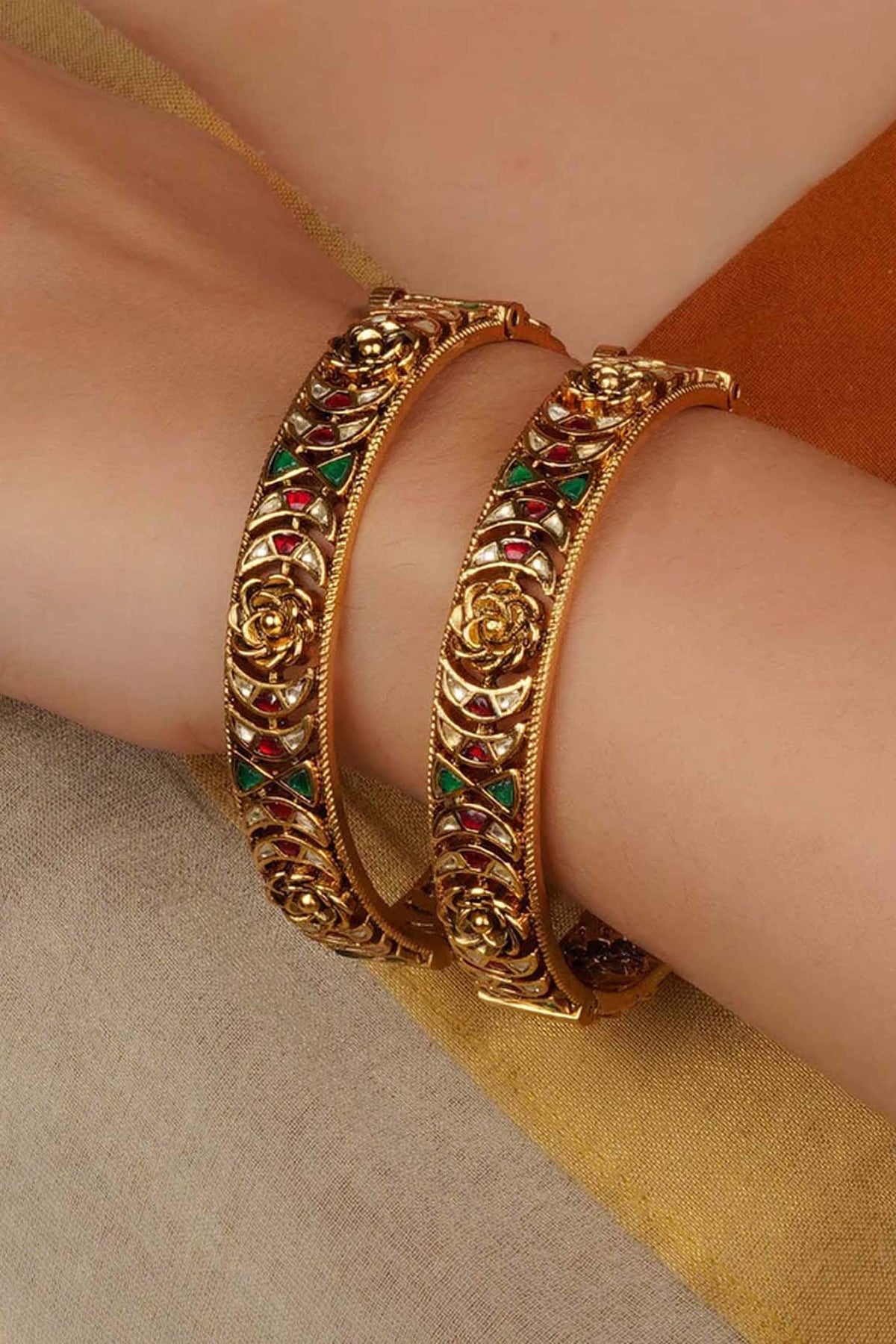 Gold Plated Uncut Polki & Beaded Jadau Bangle (Set Of 2)