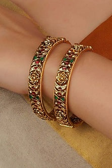 Gold Plated Uncut Polki & Beaded Jadau Bangle (Set Of 2)