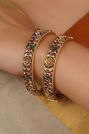 Gold Plated Uncut Polki & Beaded Jadau Bangle (Set Of 2)