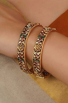 Gold Plated Uncut Polki & Beaded Jadau Bangle (Set Of 2)