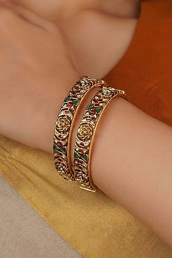 Gold Plated Uncut Polki & Beaded Jadau Bangle (Set Of 2)