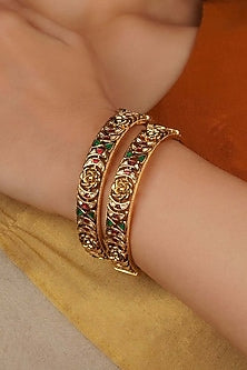 Gold Plated Uncut Polki & Beaded Jadau Bangle (Set Of 2)