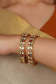 Gold Plated Uncut Polki & Beaded Jadau Bangle (Set Of 2)