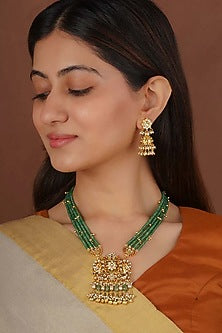 Gold Plated Uncut Polki & Beaded Jadau Necklace Set