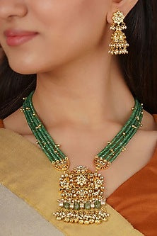 Gold Plated Uncut Polki & Beaded Jadau Necklace Set