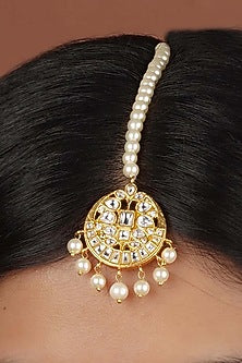 Gold Plated Uncut Polki & Beaded Jadau Maangtikka