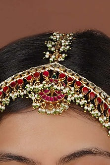 Gold Plated Uncut Polki & Beaded Jadau Mathapatti