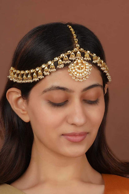 Gold Plated Uncut Polki & Beaded Jadau Mathapatti
