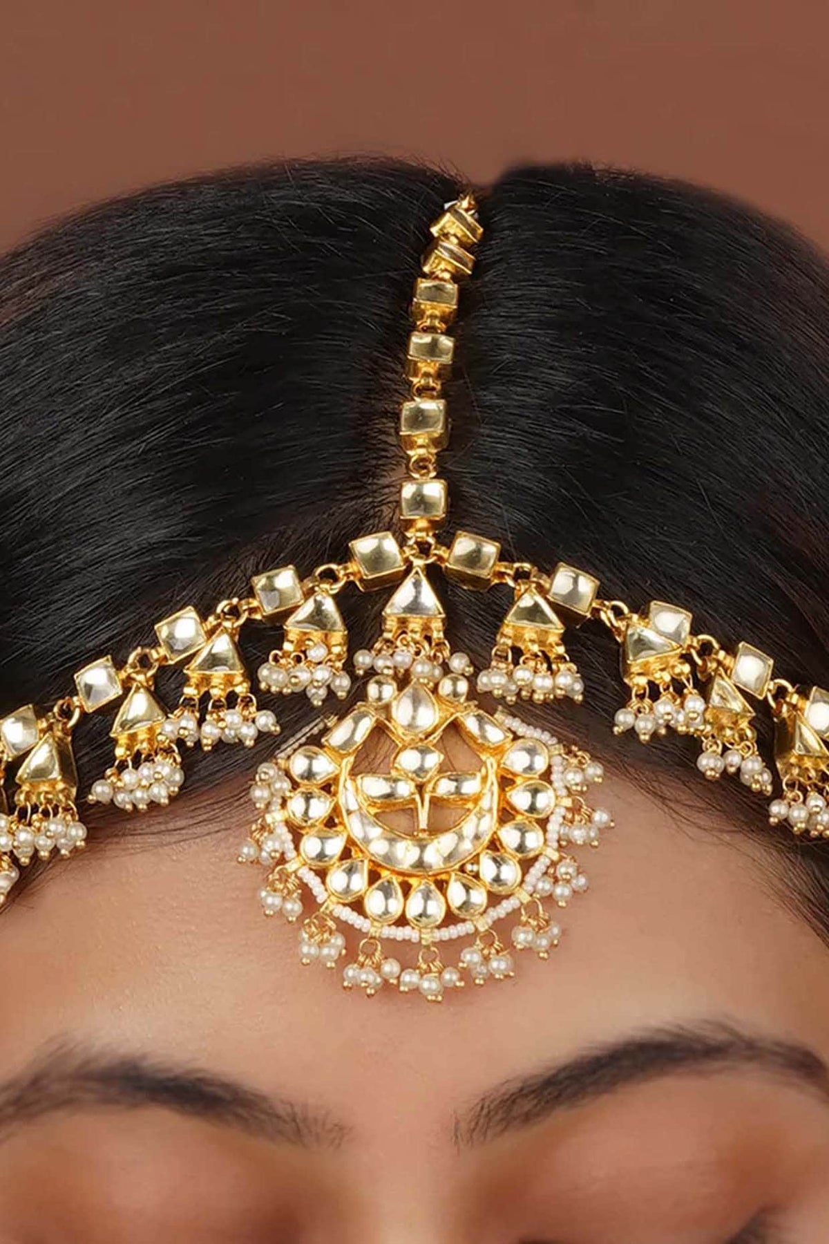 Gold Plated Uncut Polki & Beaded Jadau Mathapatti