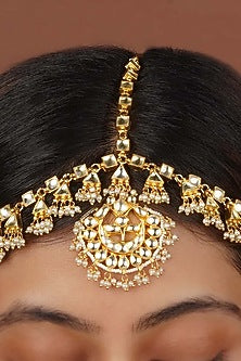Gold Plated Uncut Polki & Beaded Jadau Mathapatti
