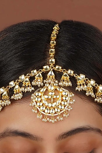Gold Plated Uncut Polki & Beaded Jadau Mathapatti