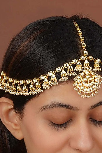 Gold Plated Uncut Polki & Beaded Jadau Mathapatti