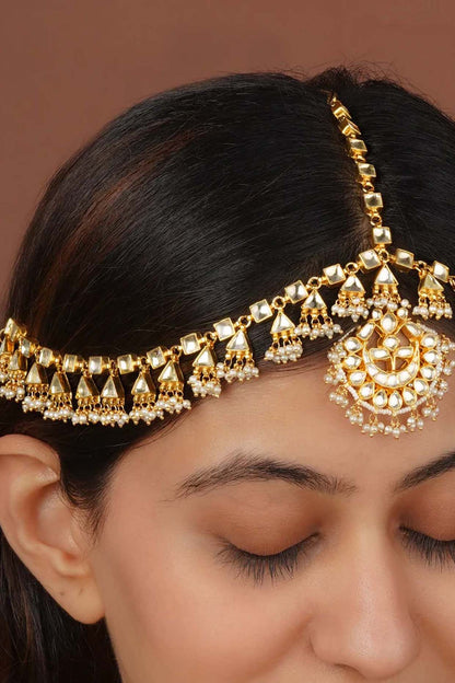 Gold Plated Uncut Polki & Beaded Jadau Mathapatti